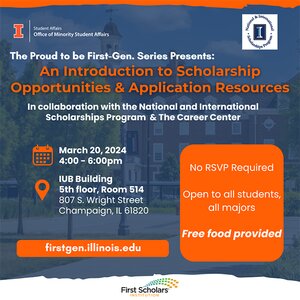 Graphic showing details about Introduction to Scholarship Opportunities & Application Resources event with image of Illini Union in background